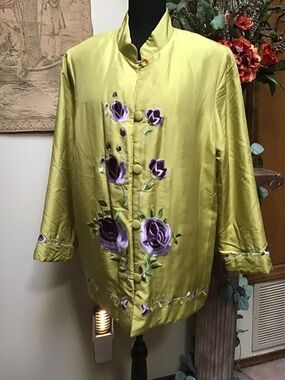 Embroidered Silk-Lime Green Blazer/Jacket with Purple Floral Detail